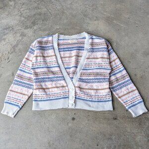 Vintage Cotton Acrylic White Pink Blue Striped Scalloped Edge Cardigan Sweater